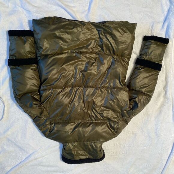 French Connection Puffer Jacket Coat Women's sz Medium Green/Black Faux Fur - Picture 5 of 16